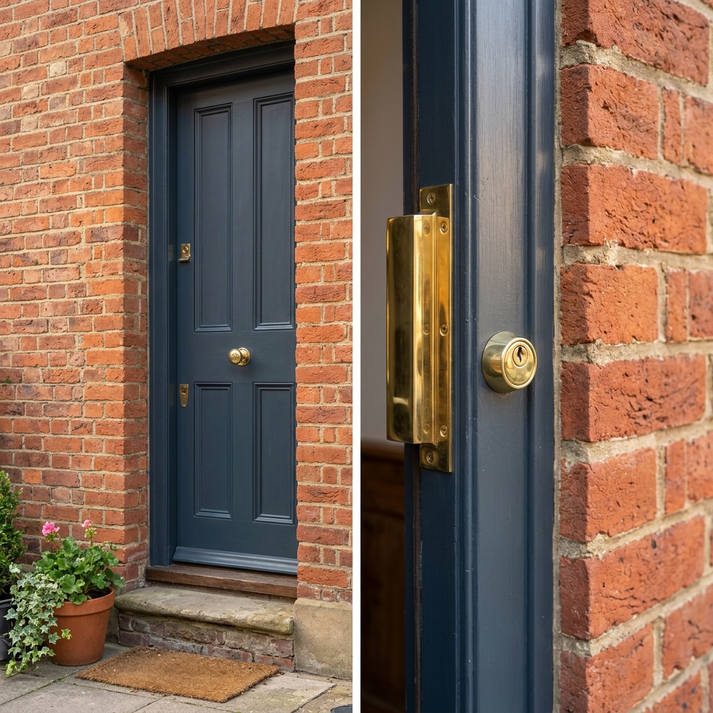 Reinforced residential timber door frame fitted with a heavy-duty brass security strike plate