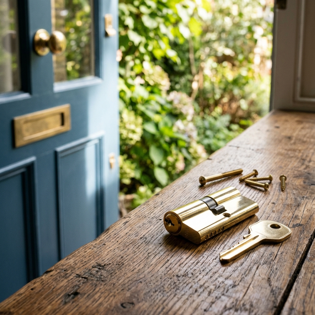 New polished brass lock cylinder with spare key and fixing screws on a wooden surface