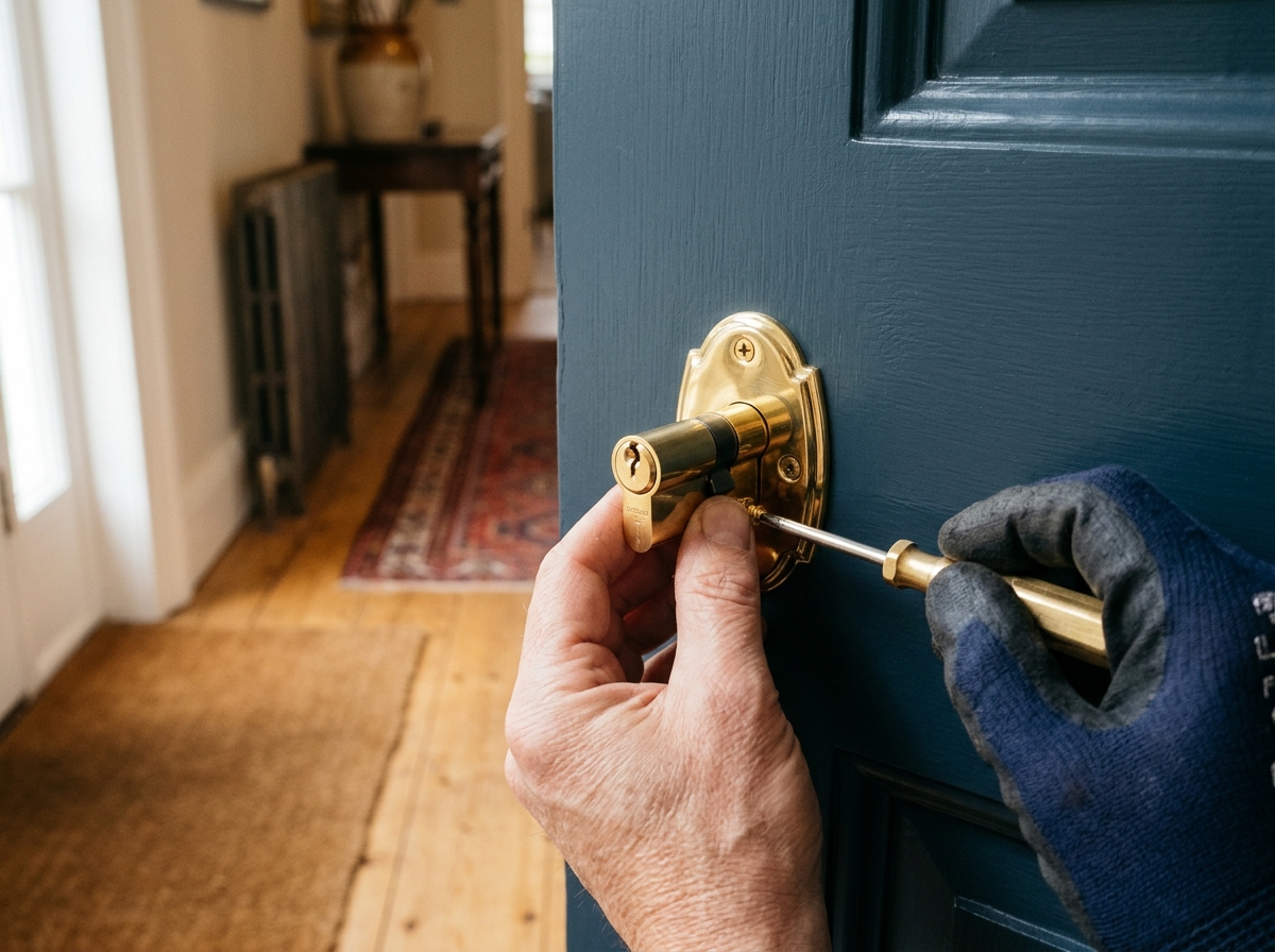 Locksmith installing a solid brass euro cylinder lock into a residential entrance door in bright daylight