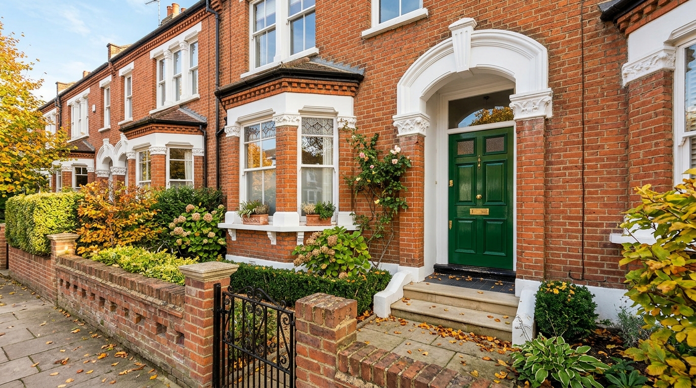 Victorian red-brick residential terrace houses in London on a bright sunny morning with autumn leaves on the doorstep