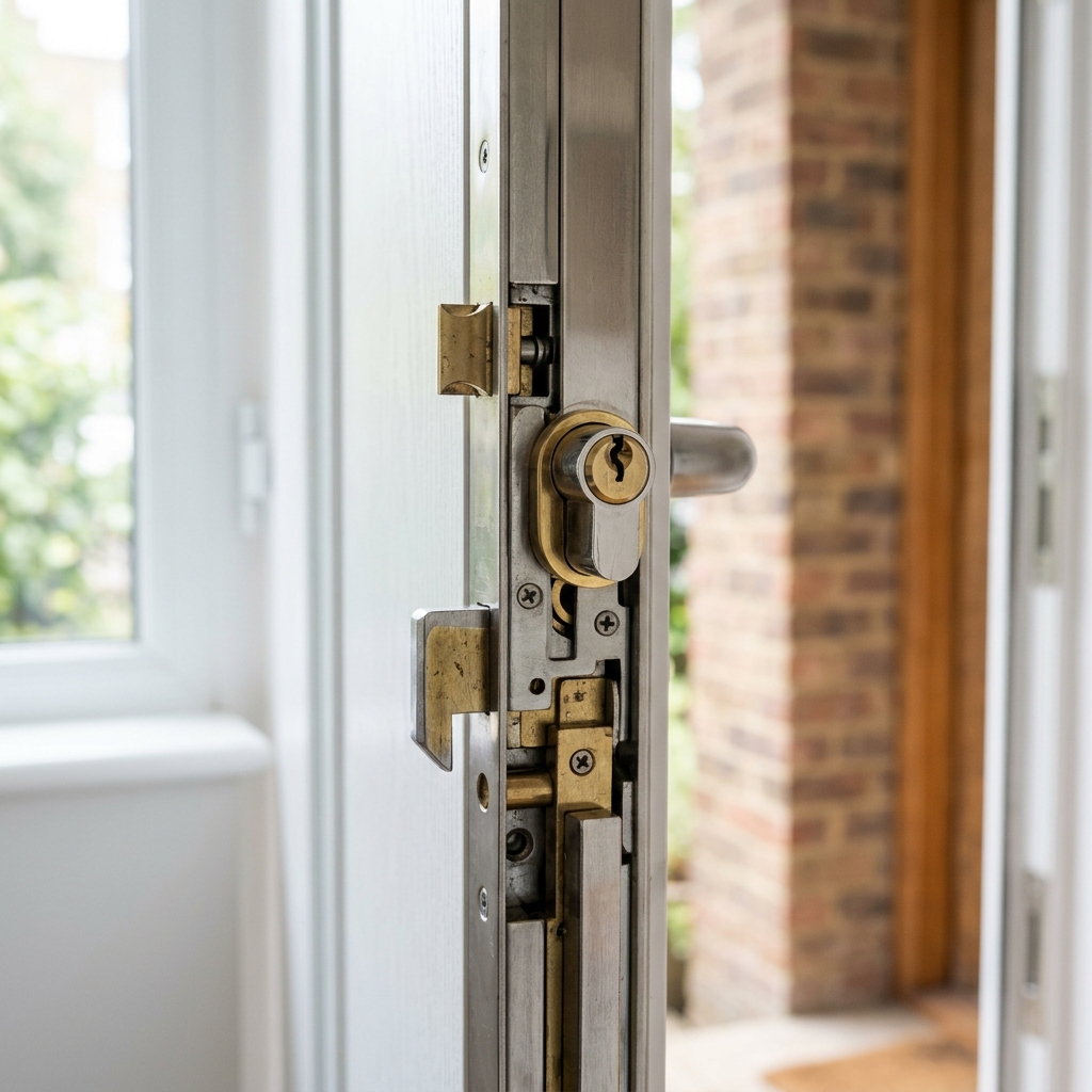 Multipoint locking mechanism strip and brass euro cylinder along the edge of a residential uPVC door
